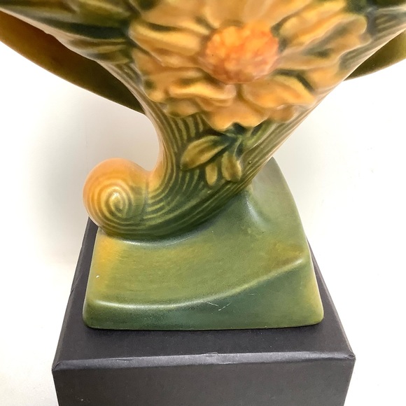 Vintage Roseville Art Pottery Handled Basket 377-8 USA Floral Yellow Green Glaze